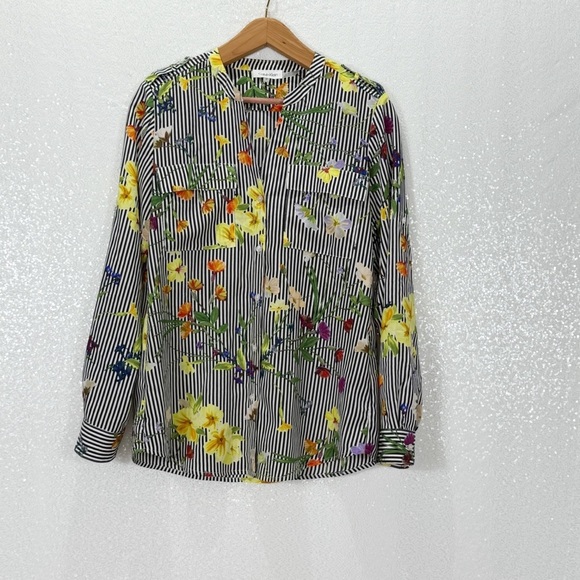 Calvin Klein women’s blouse Floral Striped Women's Top 2-way sleeves size small - Picture 2 of 13